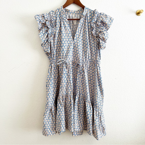 By Anthropologie Ruffle Short Sleeve Mini Dress Blue Floral Tie Waist Size Large - Picture 4 of 11